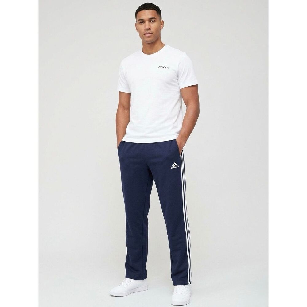 Adidas Men’s Navy Blue Essentials Fleece Open Hem 3-Stripes Pants size S